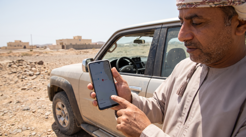 عميل في عُمان يستخدم خرائط جوجل على هاتفه للبحث عن كراج سيارات قريب منه